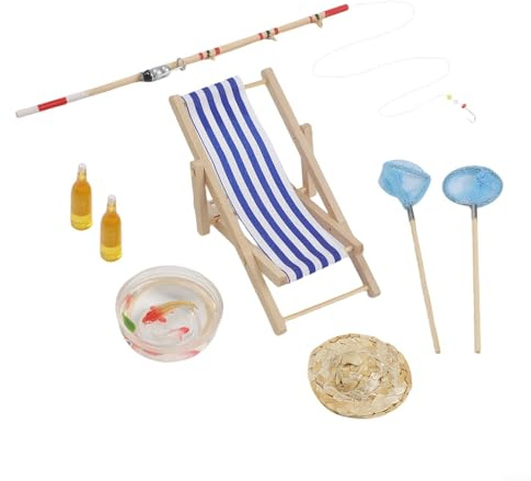Yhenlovtt 8 Stück Miniatur Angeln Deko Set Angelruten Blau Strandkorb Hut Schale Bierflaschen Gartenstatue Puppenhaus Zubehör Kuchen