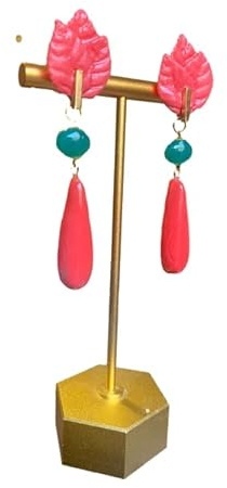 Pendientes Largos Mujer, Arcilla Polimérica Coral con Verde Esmeralda, Forma Lágrima con Hojas, 7.5 cm, Estilo Flamenco Elegante