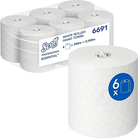 Scott Essential Rollenpapiertücher 6691, 1-lagige weiße Papiertuchrollen, mit FSC-zertifiziertem Papier, Rollenhandtücher zum täglichen Händetrocknen, 6 Rollen x 350m (insg. 1.400 Blätter)