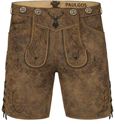 PAULGOS Herren Trachten Lederhose HK5-ANTIK + Träger, Echtes Leder, Größe 44, Whiskybraun
