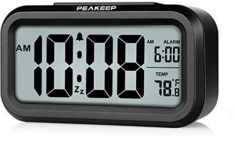 Peakeep Night Light Digital Alarm Clock Battery Operated with Indoor Temperature, Desk Small Clock (Black)