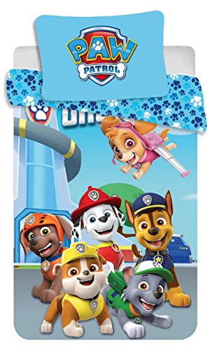 Parure de Lit Pat' Patrouille pour Petit Lit ou Lit Bébé, 100% Coton, Housse de Couette 100x135 cm et Taie d'Oreiller 40x60 cm, avec Chase, Marcus, Stella, Ruben, Zuma et Rocky