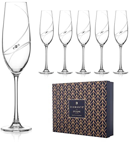 DIAMANTE Champagne Flutes Prosecco Glasses with 'Allure' Collection Hand Cut Design Featuring Beautiful Crystals - Set of 6