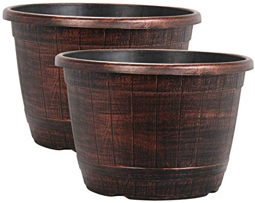 Muddy Hands Copper Wooden Barrel Effect Plant Pot Round Plastic Planter Outdoor Garden Flower Tree Herb (2, 16.8 Litre)