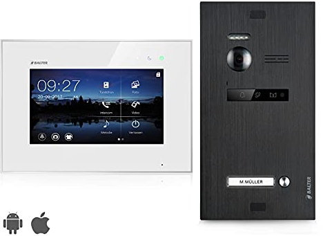 Balter EVO Video Türsprechanlage, Touchscreen, 7 Zoll Monitor, 2-Draht Bus, Türstation für, Familienhaus Türklingel, 150° Weitwinkel-Kamera, Schwarz (1 Monitor, Mit App)