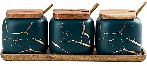 MAGICVOGEL Juego de 3 tarros de cerámica para especias con tapa, aspecto de mármol, especias, salero, azúcar, pimienta, recipiente con bandeja de madera, color verde