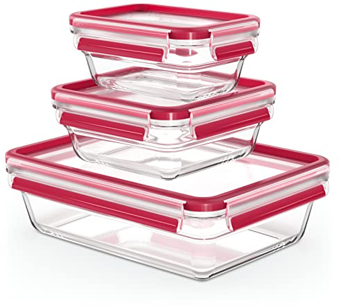 Emsa N10509 Set 3 Recipientes Clip & Close en Vidrio 0,45/0,8/2 L, Herméticos, Aptos Congelador, Horno y Microondas