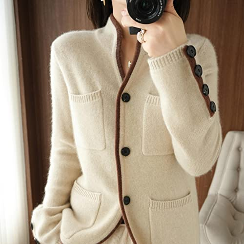 ZXCW 100% Cashmere/Maglione in Lana Autunno/Inverno 2021 Collare Stand-up da Donna Cardigan Casual Knit Tops Coreano Plus Size Giacca Femminile-L,Beige