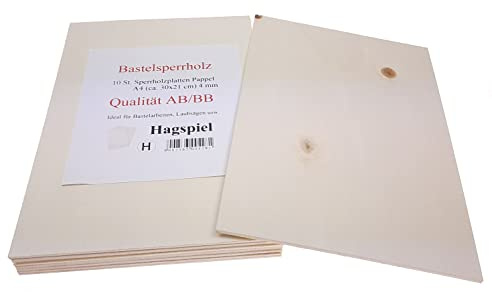 Hagspiel, legno compensato, pioppo, 4 mm, DIN A4 (30 cm x 21 cm), confezione da 10 AB/BB)