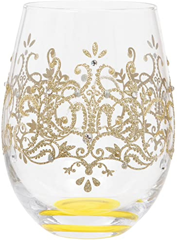 Maturi Bicchiere da vino senza stelo dipinto a mano, con motivo damascato dorato, 530 ml, in confezione regalo