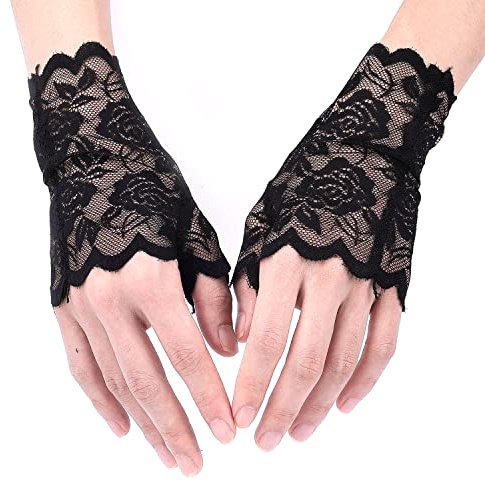 KINBOM Lace Gloves Fingerless, Flower Pattern Bridal Gloves for Wedding Short Gloves Lace for Women Tea Party Prom Masquerade, One Pair (Black)