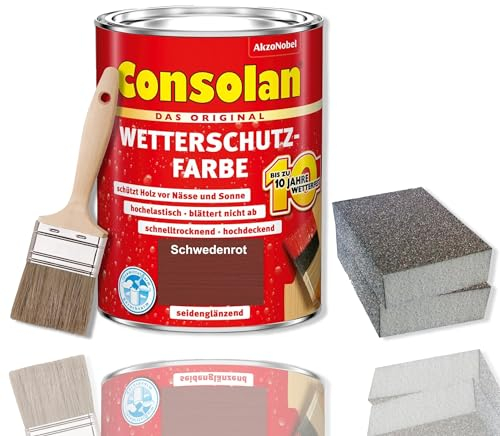 Consolan Wetterschutzfarbe Set 2,5 l Holzfarbe Dauerschutz Deckend mit Zubehör (Schwedenrot)