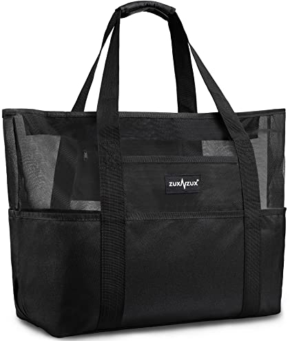 ZUXNZUX Mesh Strandtasche XXL Familie mit Reißverschluss, Groß Faltbar Sandkontrolle Ultraleicht Badetasche Tasche Schwimmtasche, für Damen Herren Sommer Strand Urlaub