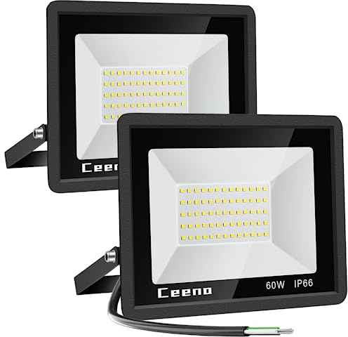 Ceena 2 Pack 60W Hardwired LED Flood Light Outdoor, 6000lm Super Bright Floodlight, IP66 Waterproof 6000K Daylight White Exterior Lights for Garage, Yard, Patio, Front Door