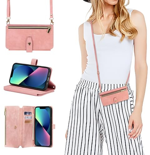 ZCDAYE Handyhülle für iPhone 15 Hülle mit Band, Roségold | Leder Handytasche Geldbörse mit Kartenfächer Handykette, Praktisch Umhängetasche Frauen Brieftasche Portemonnee Klapphülle