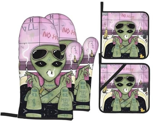 YYHHAOFA Alien Smoke Prints Küchen-Backset, 4-teiliges Set, isolierter Ofenhandschuh und Topflappen für dicken und langlebigen Verbrühungsschutz