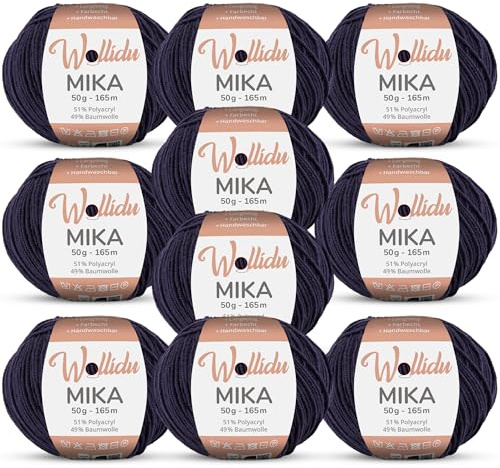Wollidu Mika 51% Polyacryl 49% Baumwolle zum Häkeln und Stricken 10x 50g/165m Oeko-Tex Strickgarn Häkelgarn - Nachtblau