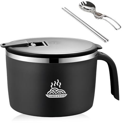 MEYAGOT Ramenskål med lock, 1 300 ml rostfritt stål ramenskål, ramenskål set med trähandtag telefonhållare viksked ätpinnar, bärbar snabbnudlar skål, japansk soppskål