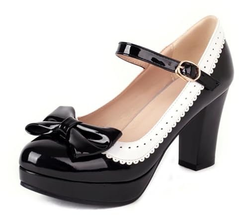 Black Mary Jane Shoes Women Pumps Vintage Strappy High Heels Bow Lolita Shoes Size 11