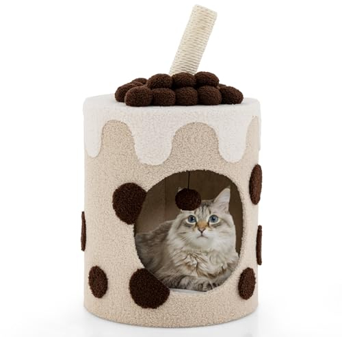 GOPLUS Katzenhaus Milchteeform, Multifunktionale Katzenhöhle mit waschbaren Kissen Sisalpfosten & Spielball, Kratztonne für Katzen zum Schlafen & Spielen, 37x37x67cm(Kaffee)