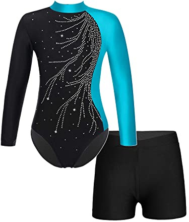 Yruioon Kinder Mädchen Gymnastikanzug Langarm Turnanzug Glitzer Ballettanzug mit Kurze Hose Ballett Trikot Tanzbody Wettbewerb Tanzkostüm