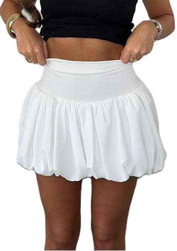 Betrodi Women Y2k Bubble Skirt High Elastic Waist Ruffle Flared Mini Skirts A Line Pleated Balloon Short Skirts Cute (A3468 White, S)