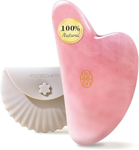 Rena Chris Rosenquarz Gua Sha Stein, Guasha Gesichtsmassage für Gesicht & Hals, Massagesteine zur Kieferkontur & Schwellungsreduktion, mit Silikon-Etui - Rosa