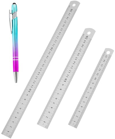 IPNSDON 3Pcs-Edelstahl-Lineal mit doppelseitiger abgestufter Kante, Stahllineal, Lineal, Messwerkzeug aus Metall, 15 20 30 cm, plus ein feiner Kugelschreiber für den Unterricht bei Zeichenprojekten