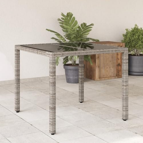 HEFZGDB Gartentisch mit Glasplatte Grau 90x90x75 cm Poly Rattan Campingtisch Gartentisch Balkontisch Geeignet für Gärten, Terrassen, Decks.