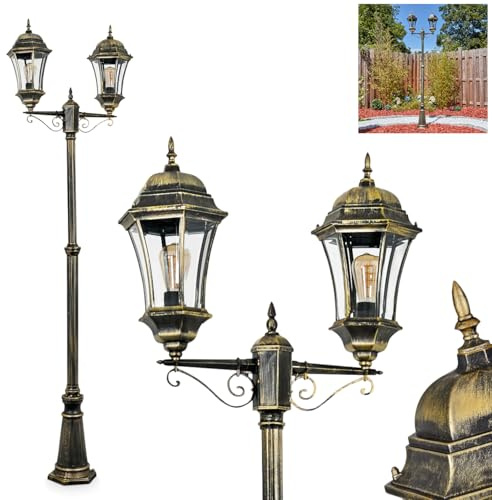 HOFSTEIN Kandelaber Etoe, Außenwegeleuchte aus Metall/Glas in Schwarz/Goldfarben/Klar, Wegeleuchte im Landhaus/Antik/Retro/Vintage-Design für Garten, Außenbereich, Hof, Höhe max. 250 cm, 2 x E27, IP44
