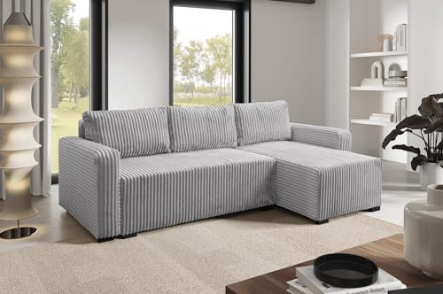 LIKMA Grau Ecksofa Cord Tilia 232x145 cm mit Schlaffunktion (200x140 cm) Eckcouch mit Bettkasten Wohnlandschaft mit Bettkasten Cord Bettsofa mit Stauraum Polstermöbel Sofa 3 Sitzer