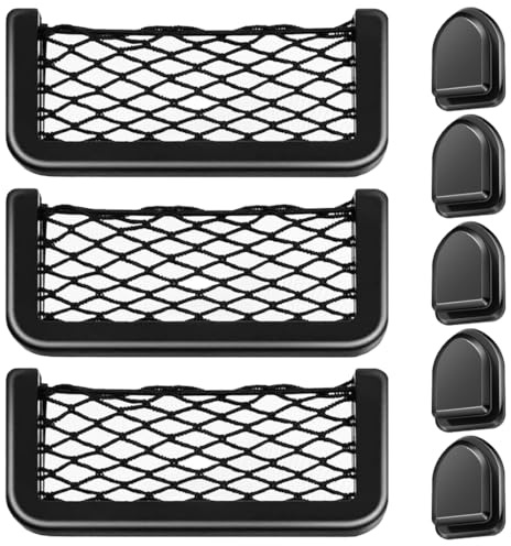 NHPY 3 Pezzi Rete Portaoggetti Auto Reti Bagagliaio Borsa a Maglie Universale Autoadesiva per Auto, Tasca a Rete Multifunzionale adatto per Camper, SUV, Barca e Casa con 5 ganci per auto (Nero)