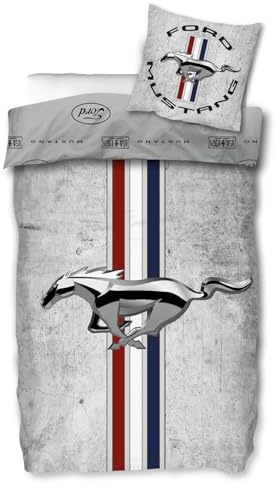SkyBrands Ford Mustang Bettwäsche 135x200 cm und Kissenbezug 80x80 cm, Bettbezug-Set für Fans der Auto-Legende, Vintage Wendemotiv in Grau Meliert Rot, 100% Baumwolle, ÖKO-TEX