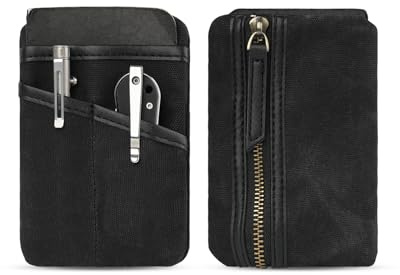 SAYRAM SP9 Pocket Organizer, Waxed Canvas EDC Pouch, Zipper Pocket Organizer Pouch for Men, Slim EDC Organizer for Coins, Notebook, Multitool, Tactical Pen (Black)