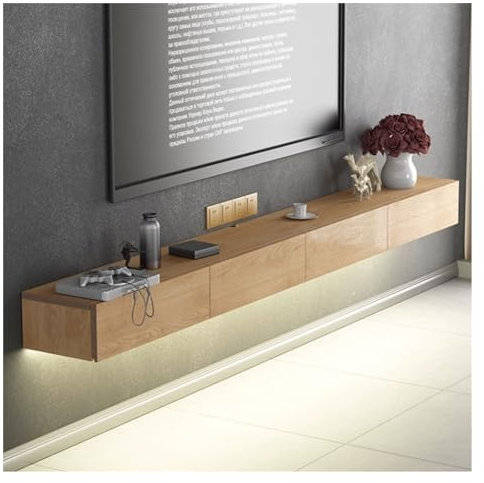 TV Schrank Hängend Schwimmender TV-Ständer aus Eichenholz, Entertainment-Center mit 4 Schubladen und LED-Licht, einfacher wandmontierter Medienkonsolenschrank mit Stauraum TV Lowboard Hängend(220*18*3