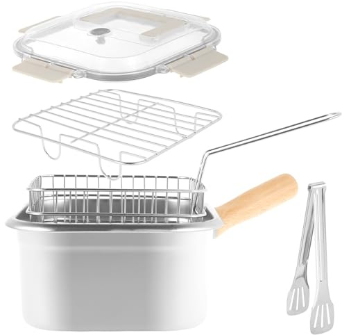 Pentola per friggitrice in acciaio inox con cestello e manico, padella quadrata portatile con coperchio, friggitrice multifunzionale per friggere pesce, pollo e patatine fritte. (vestito 2)