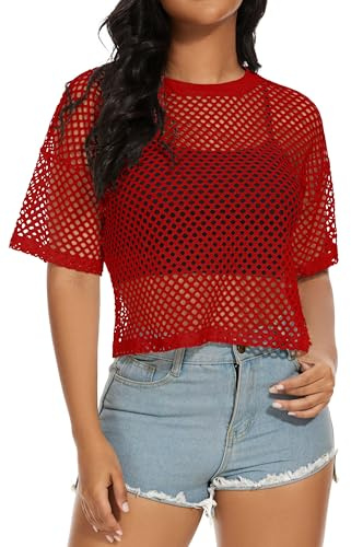florynova Maglia a rete da donna, estiva, trasparente, T-shirt a maniche corte, camicetta trasparente, Rosso, M
