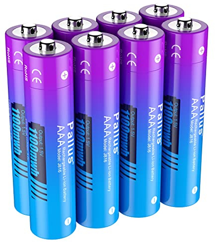 Pallus Lot de 8 Piles Rechargeables au Lithium AAA, Haute Capacité 1100 mWh, Jusqu'à 1600 Recharges, Charge Rapide en 2 Heures, pour Lampes de Poche, Télécommandes et Microphones