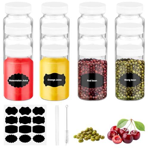 AUAUY 12PCS 60ml Botes Cristal PequeñOs, Shots Botellitas con Tapa y Etiqueta, Reutilizables Mini Botellas de Cristal, PortáTiles Botellitas PequeñAs para Rellenar, Jugo, Especias | Botellas reutilizables, mini tarros transparentes portátiles con tapa, tarros pequeños de vidrio para jugo, salsa, vino
