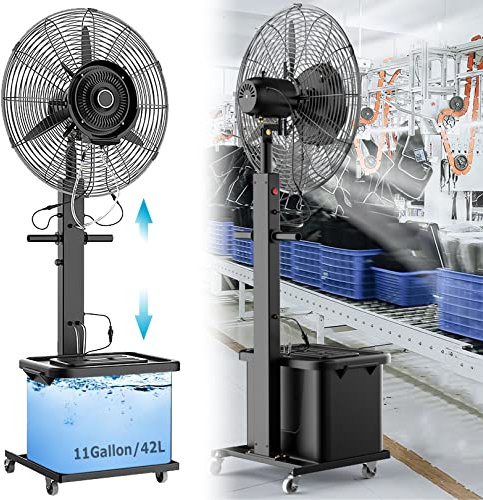 HMASNSEIY Ventilador de Pedestal nebulizador de Altura Ajustable para Exteriores, Ventilador de pie con oscilación de 90°, 3 velocidades, Tanque de 11 galones, nebulizador de Ventiladores para Patios