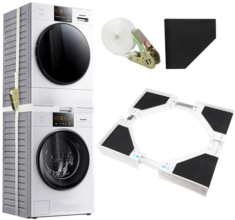 Kit d'empilage universel pour lave-linge et sèche-linge, kits d'empilage réglables compatibles avec machine à laver et sèche-linge de 46 à 66 cm, étagère empilable avec cordes à cliquet et pieds