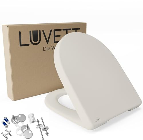 LUVETT® WC-Sitz mit Absenkautomatik D140 D-Form Soft Close® & TakeOff EasyClean Abnahme, hygienisch & beständig Duroplast WC-Deckel mit 3in1 Edelstahl Scharnier-Set, Farbe: Pergamon Weiß