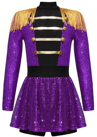 Xnihocha Costume De Petite Fille Cirque Tenue À Paillettes Robe Avec Shorts Plume Robe De Danse Tenue Fête Déguisement Ringmaster Cosplay Violet 9-10 ans
