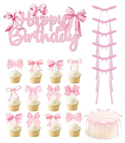 MOPZIJA 19pcs decoracion tartas cumpleaños,Juego de decoración para tartas con lazos y cartel de feliz cumpleaños, decoración para tartas de cumpleaños, decoración vintage para fiesta de coquette