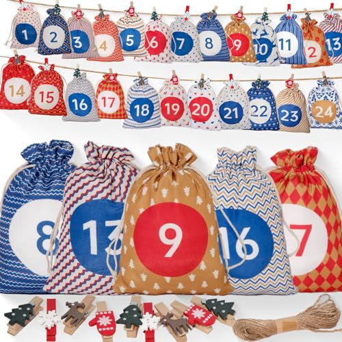 Adventskalender zum Befüllen, 24 große Stoffbeutel, wiederverwendbar | 24 große Stoffbeutel zum Befüllen für einen selbst gestalteten Adventskalender