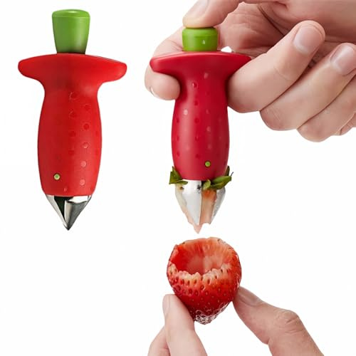 2 Pack Stainless Steel Strawberry Huller ，Tomato ，Pineapple Corer - Removes Stems & Cores Fast,Twist & Pop Design, Precise No Waste, ABS Anti-Slip Red Handle (3.7 Inch Kitchen Gadget）