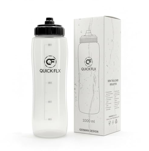 QUICKFLX Sport Trinkflasche Auspressbar – Auslaufsicher BPA-frei & PP-Silikon Wasserflasche für Fußball, Fitness, Fahrrad, Schule & Outdoor (1 L)