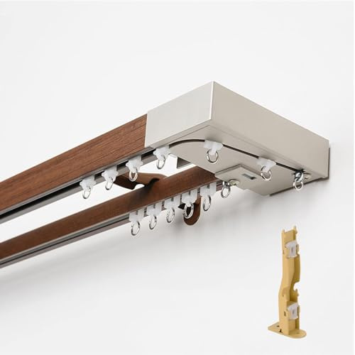 Vorhangschiene 2 Läufig 1.5m, Gardinenschiene Wandmontage Braun, Gardinenstange Holz Nachahmung, Vorhangstange Doppelläufig Aluminium