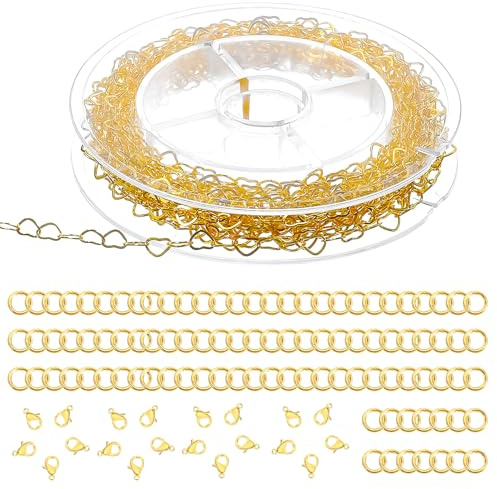 Classicseali 5m Kette zur Schmuckherstellung, Gliederkette Gold, Gliederkette Gold Meterware für Halsketten,Ohrringen,Armbändern,Schmuckherstellung (Mit 20 Karabinerverschlüsse und 50 Metallringe)