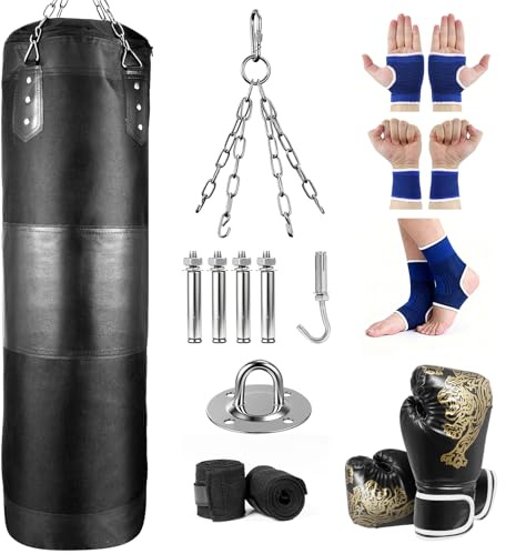 Boxsack Hängend für Erwachsene Ungefüllter,Schwere Boxsack Set,Sandsack Boxen mit Boxhandschuhen, Kette, Deckenhaken,Boxsackaufhänger für MMA, Kickboxen, Muay Thai, Karate, Taekwondo